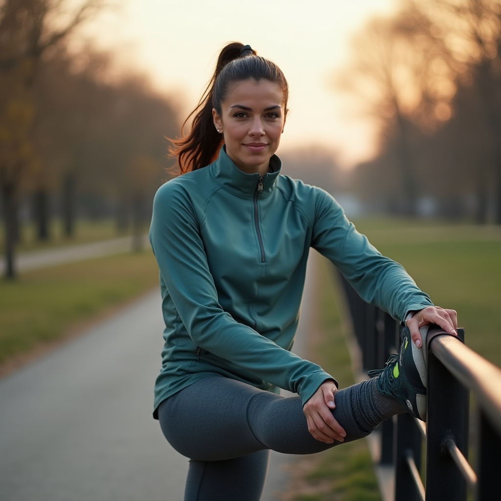 An adult stretching outdoors before a light jog, pausing to check in with how their body feels
