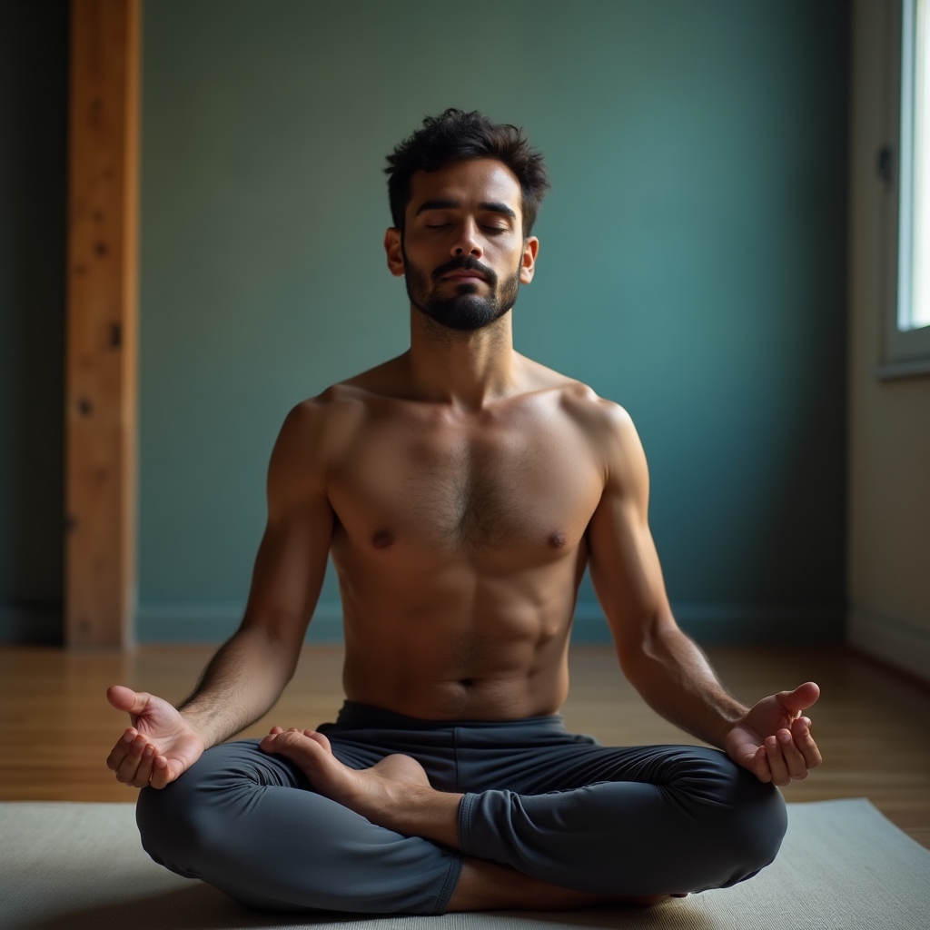 Close view of a person practicing a slow breathing exercise with a hand resting on their chest