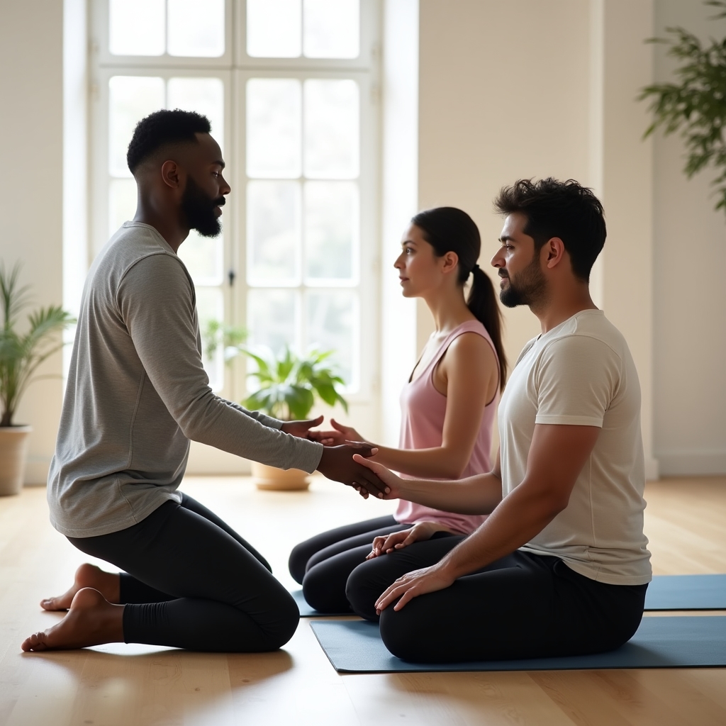 A small group session where an instructor demonstrates a slow, guided body-awareness practice